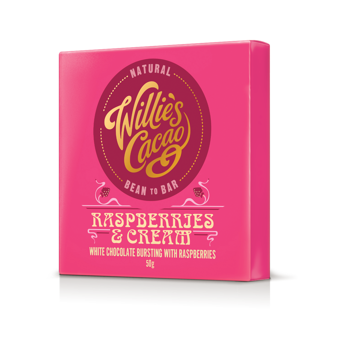 Pink packaging of Willie's Cacao Raspberries & Cream chocolate bar on a white background