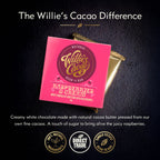Willie's Cacao raspberry and cream chocolate packaging on a dark background explaining the tasting notes of the bar.