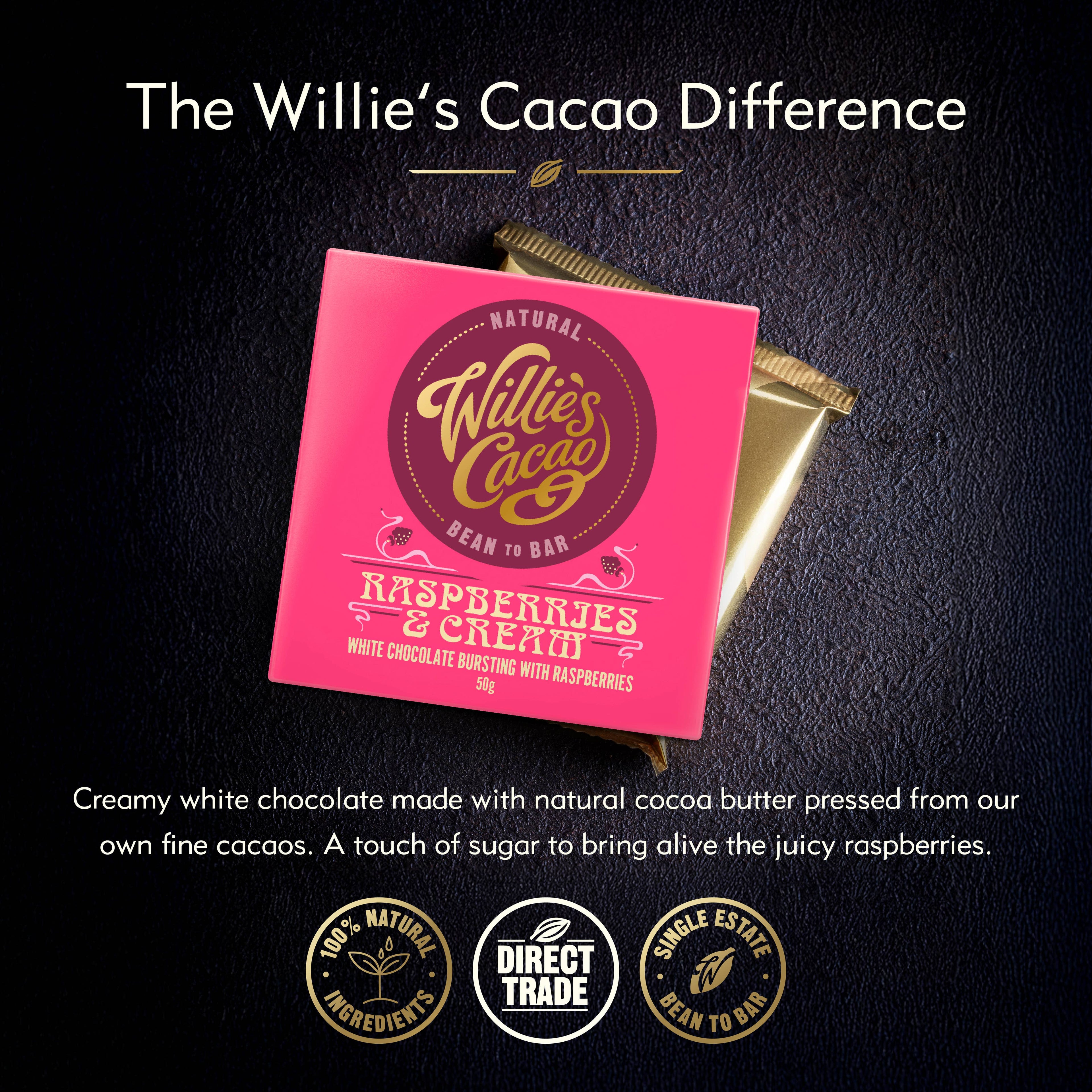 Willie's Cacao raspberry and cream chocolate packaging on a dark background explaining the tasting notes of the bar.
