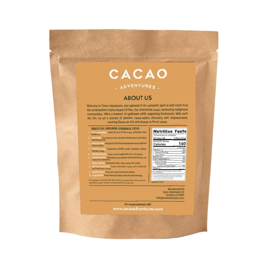 Back of the Cacao Adventures Tropical Desert packaging with brown kraft paper design on a white background