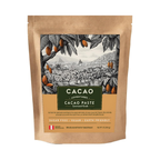 Kraft paper packaging of Cacao Paste with a scenic illustration on a white background