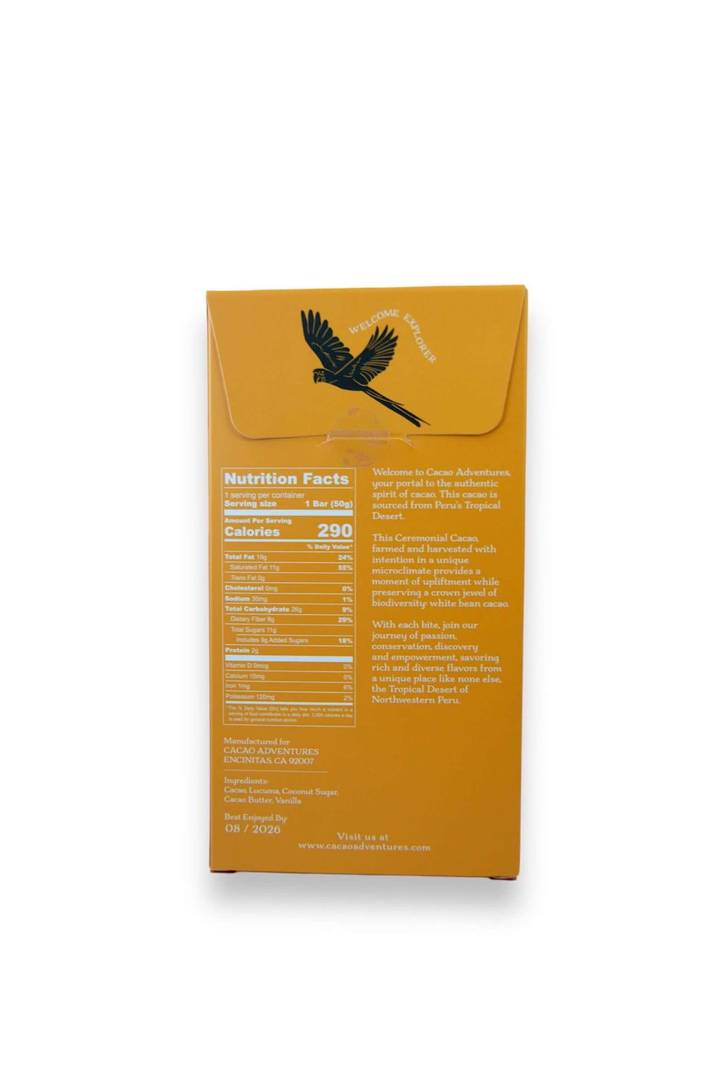 The back of the Unmilk’D  packaging - a square orange-brown cardboard box with a flap, featuring a black bird logo and printed nutrition facts and descriptive text on a white background.
