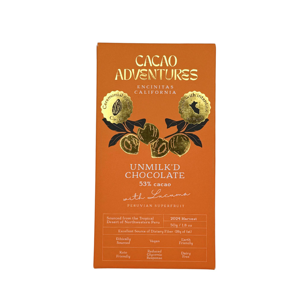 A package of Cacao Adventures Unmilk'd Chocolate 53% cacao, featuring an orange-brown wrapper with gold foil details, chocolate illustrations, and a white background.