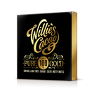 Willie's Cacao 100%  Pure Gold Sur del Lago cacao black-and-gold package.