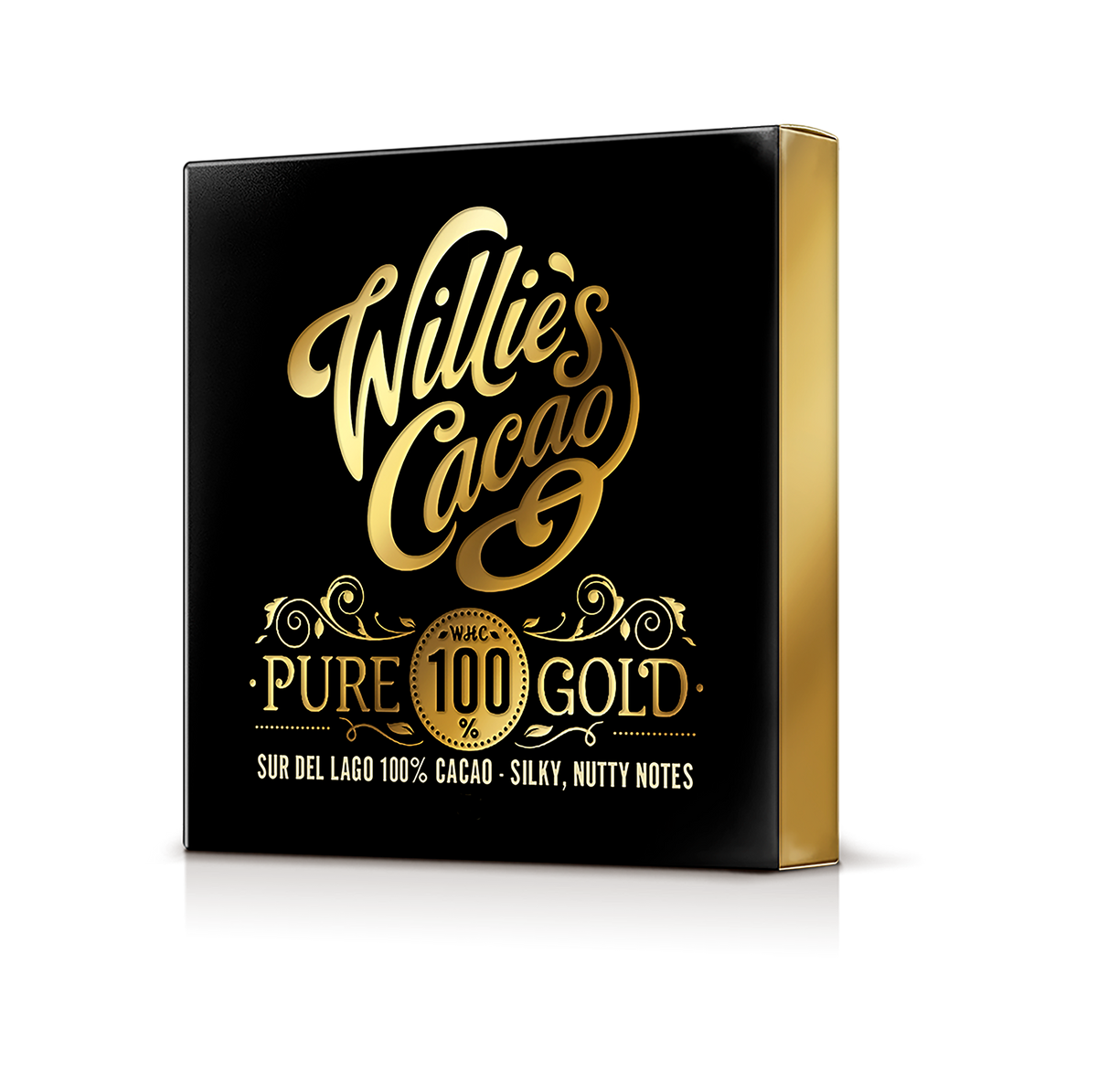 Willie's Cacao 100%  Pure Gold Sur del Lago cacao black-and-gold package.