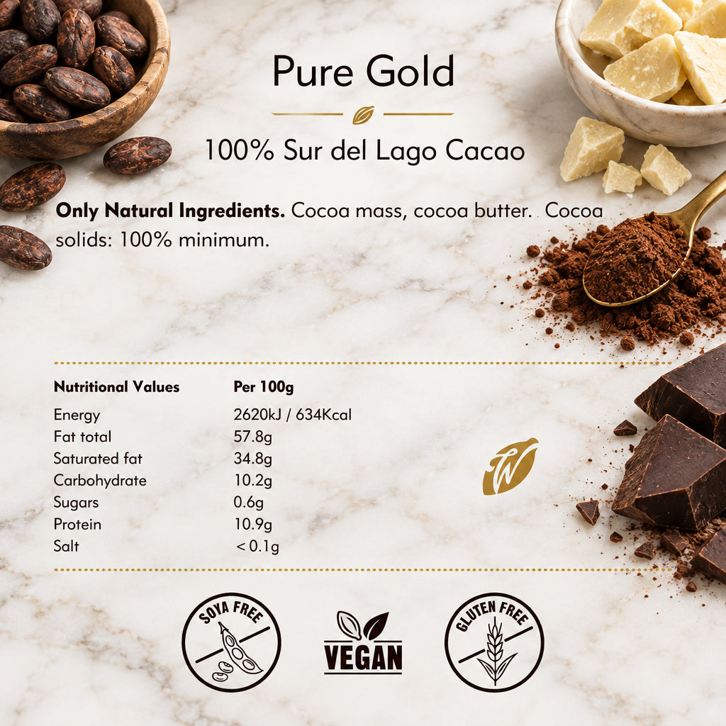 Willie's Cacao 100% Pure Gold ingredients and nutrition graphic listing cocoa mass and cocoa butter.