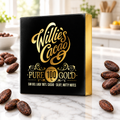Willie's Cacao 100% Pure Gold Sur del Lago cacao package on a marble counter with cacao beans.