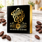 Willie's Cacao 100% Pure Gold Sur del Lago cacao package on a marble counter with cacao beans.