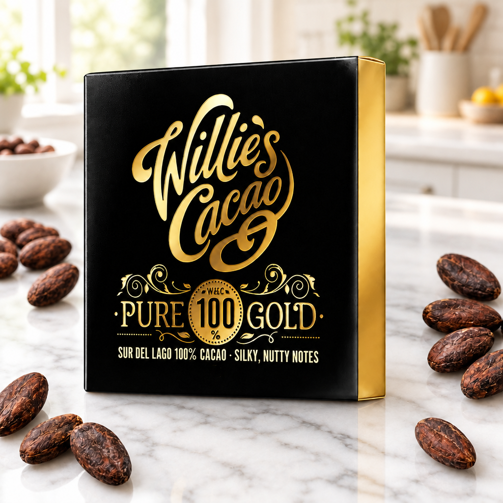 Willie's Cacao 100% Pure Gold Sur del Lago cacao package on a marble counter with cacao beans.