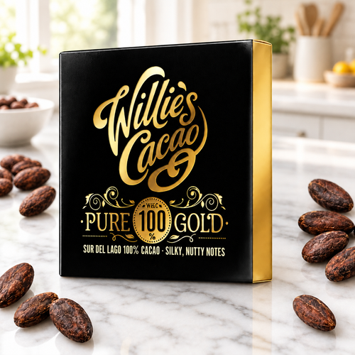 Willie's Cacao 100% Pure Gold Sur del Lago cacao package on a marble counter with cacao beans.