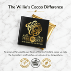 Willie's Cacao 100% Pure Gold graphic describing small-batch chocolate making at low temperatures.