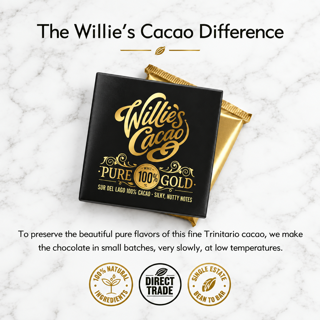 Willie's Cacao 100% Pure Gold graphic describing small-batch chocolate making at low temperatures.
