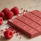 Willie's Cacao Raspberries and Cream 36% White Chocolate pink bar with embossed Willie's Cacao cacao pod squares on white marble with fresh raspberries and freeze-dried raspberry pieces, sublimely creamy and bursting with raspberries