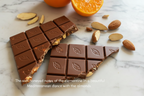 Willie's Cacao 44% Milk Chocolate bar with Clementine and Almonds broken open on marble background with fresh clementine halves and whole almonds, soft honeyed notes in a Mediterranean dance