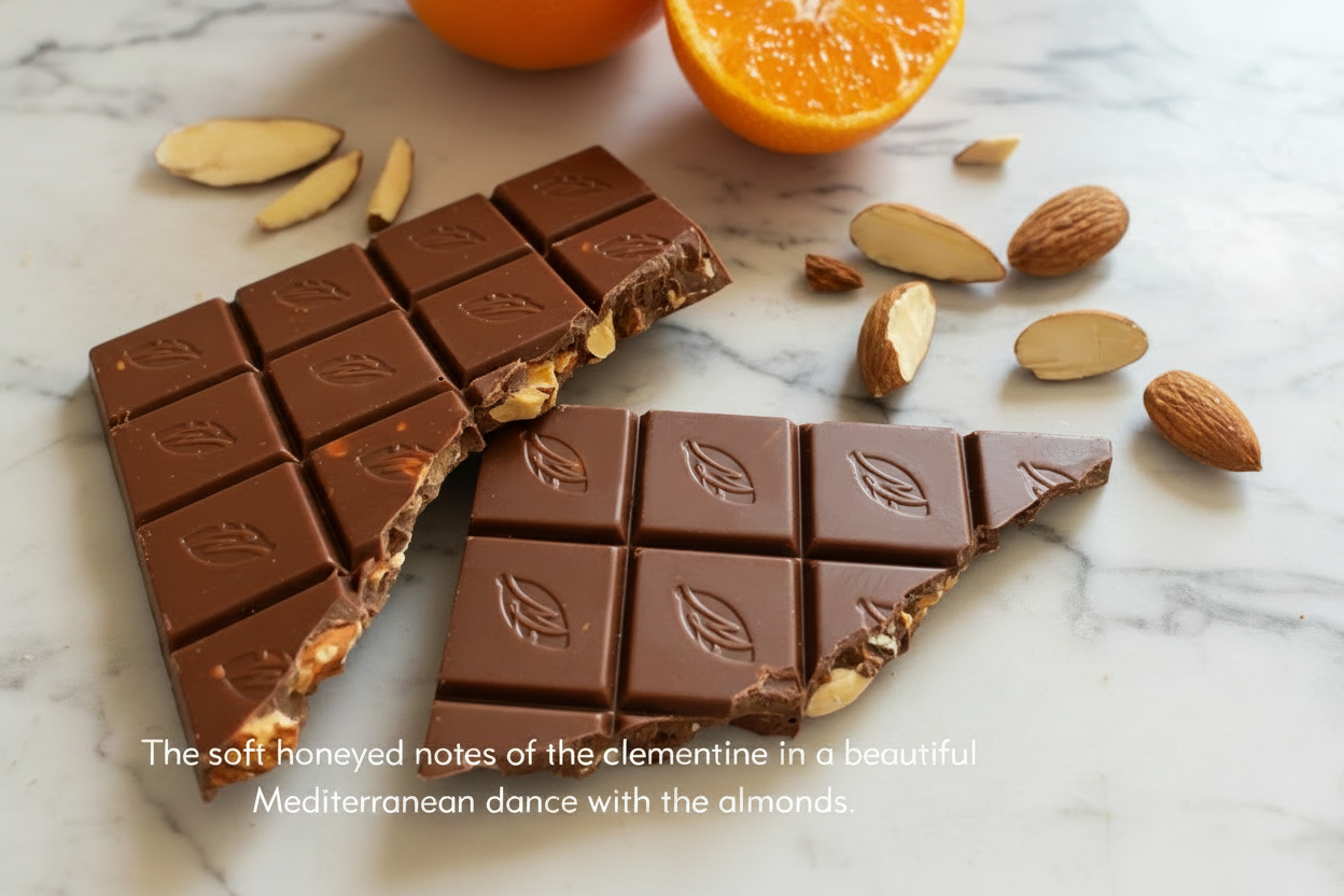 Willie's Cacao 44% Milk Chocolate bar with Clementine and Almonds broken open on marble background with fresh clementine halves and whole almonds, soft honeyed notes in a Mediterranean dance