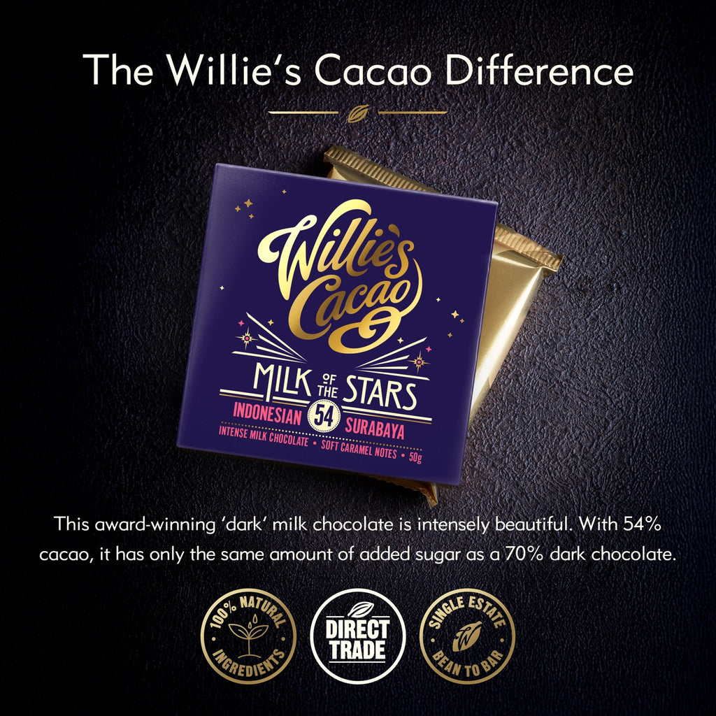Willie's Cacao Milk of the Stars 54% Milk Chocolate packaging and wrapped bar on dark background with product details, single-origin Surabaya Indonesia