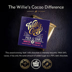 Willie's Cacao Milk of the Stars 54% Milk Chocolate packaging and wrapped bar on dark background with product details, single-origin Surabaya Indonesia