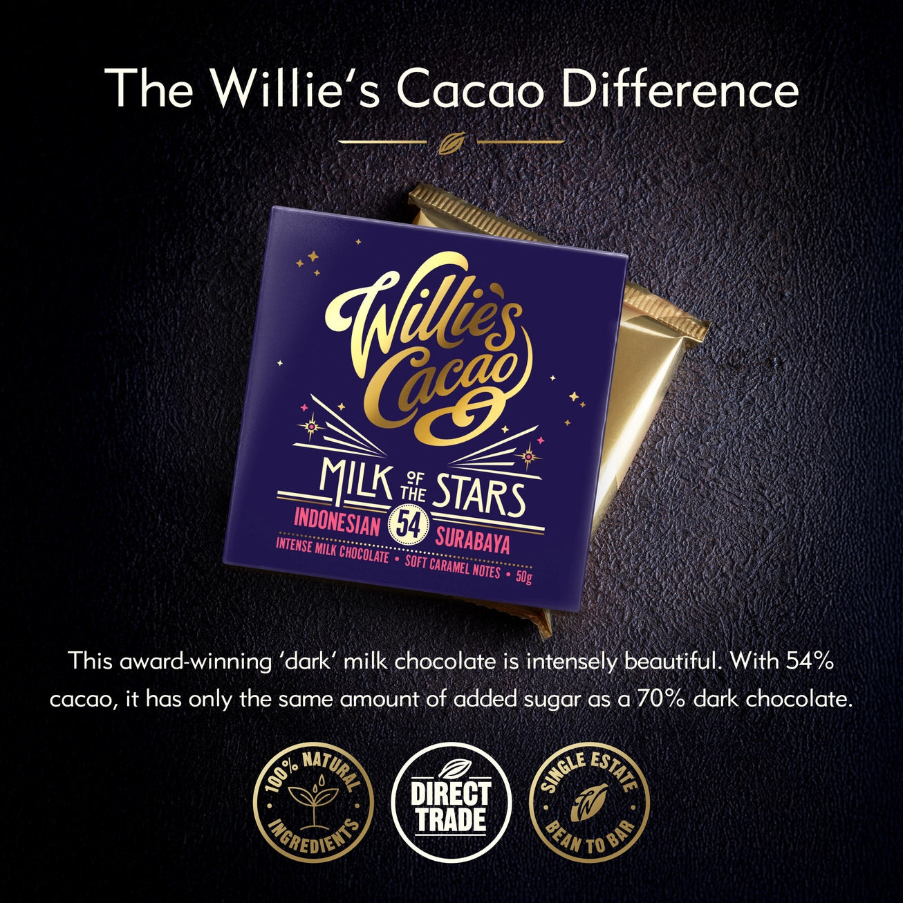 Willie's Cacao Milk of the Stars 54% Milk Chocolate packaging and wrapped bar on dark background with product details, single-origin Surabaya Indonesia