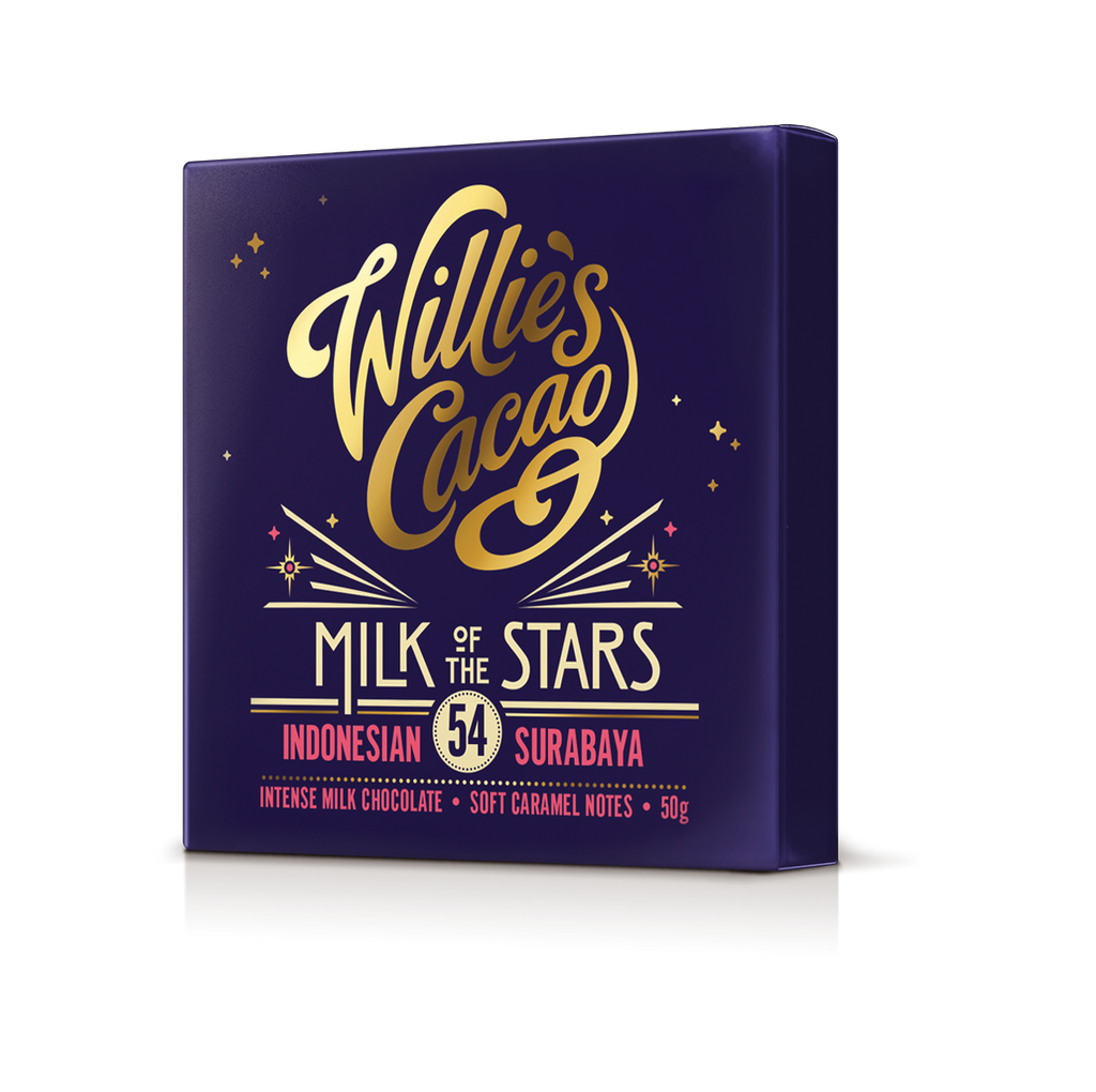 Willie's Cacao Milk of the Stars 54% Indonesian Surabaya Milk Chocolate deep purple box on white background, intense milk chocolate with soft caramel notes, 50g