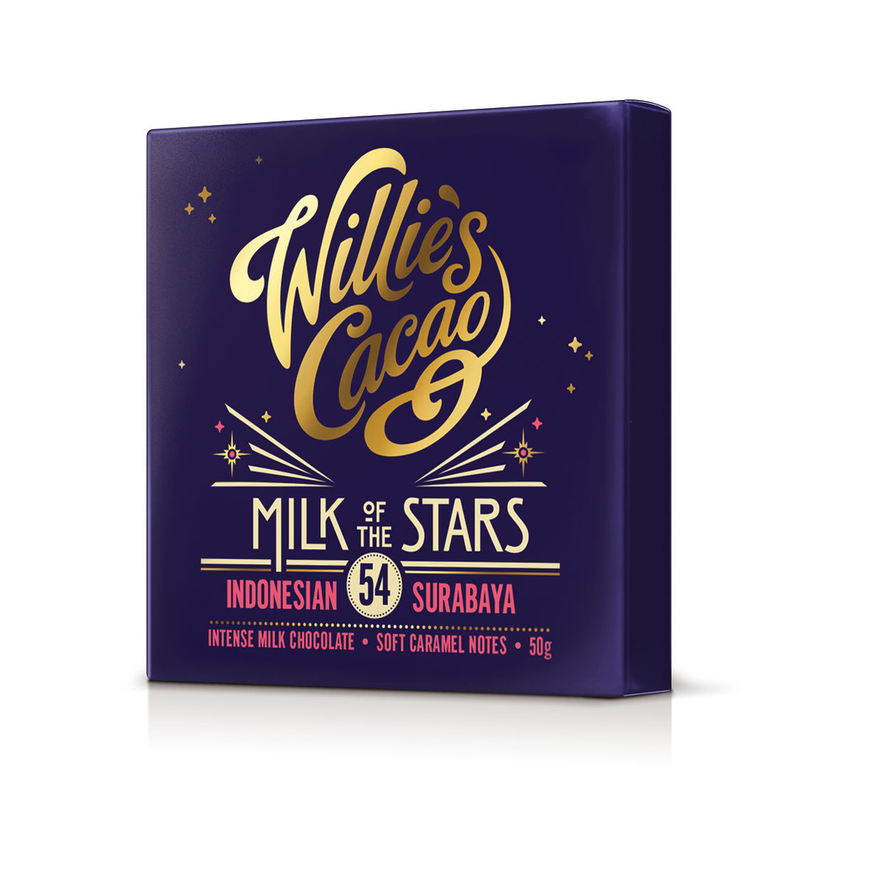 Willie's Cacao Milk of the Stars 54% Indonesian Surabaya Milk Chocolate deep purple box on white background, intense milk chocolate with soft caramel notes, 50g