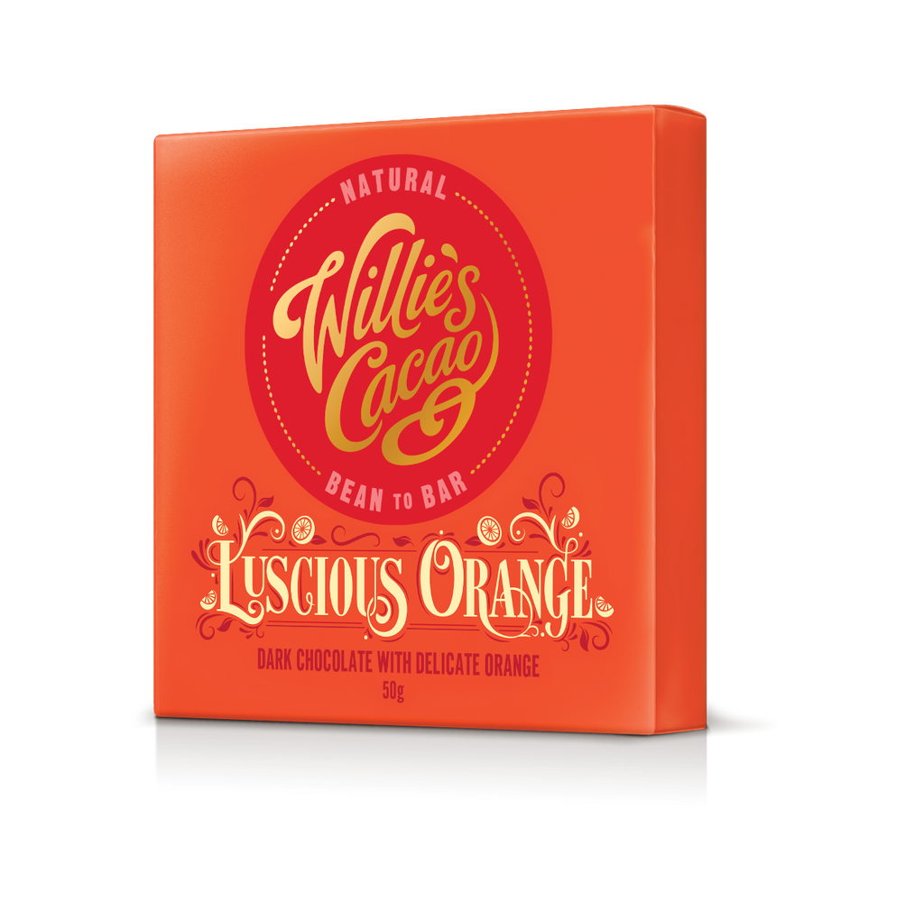Willie's Cacao Luscious Orange chocolate packaging on a white background