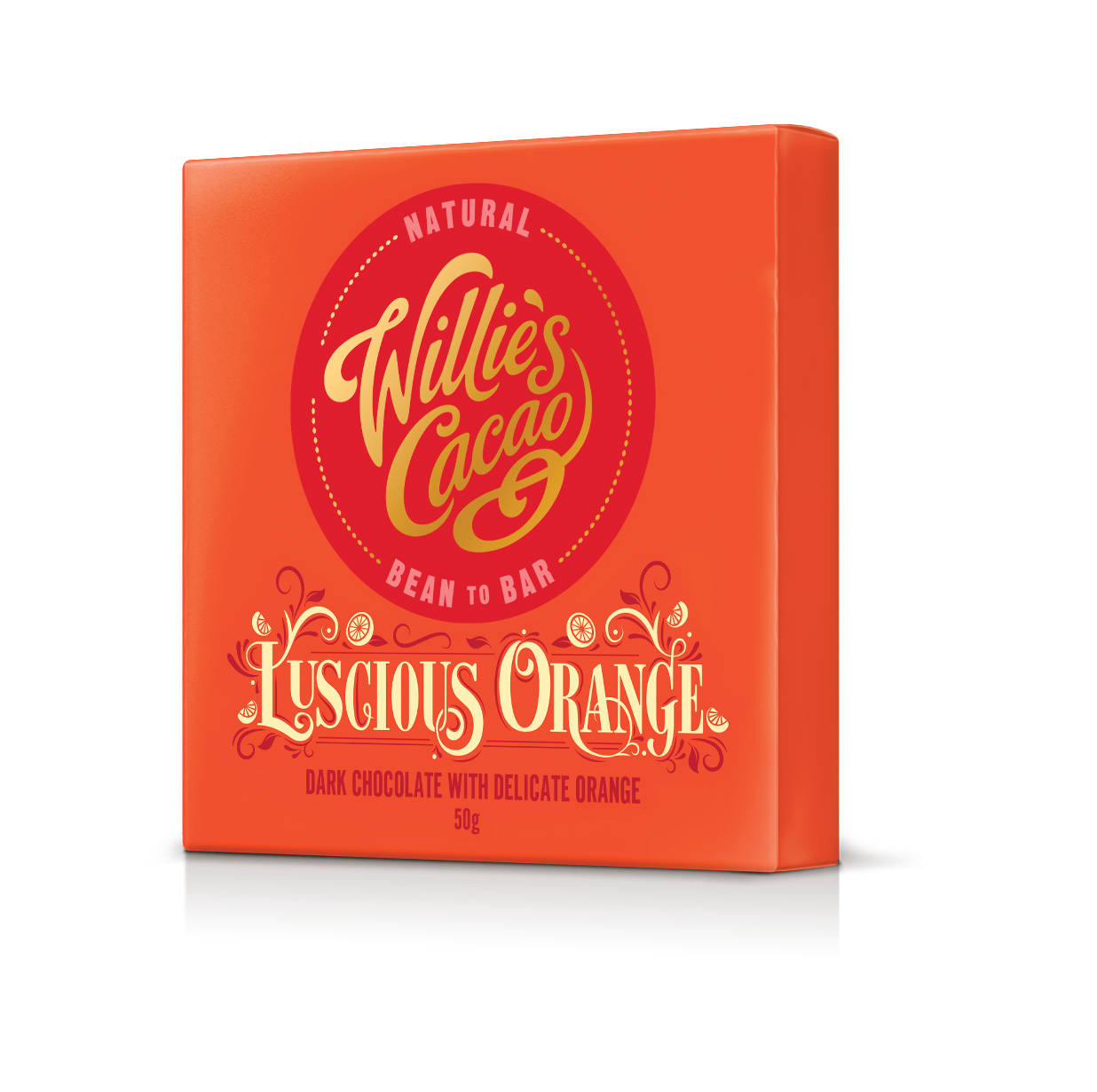 Willie's Cacao Luscious Orange chocolate packaging on a white background
