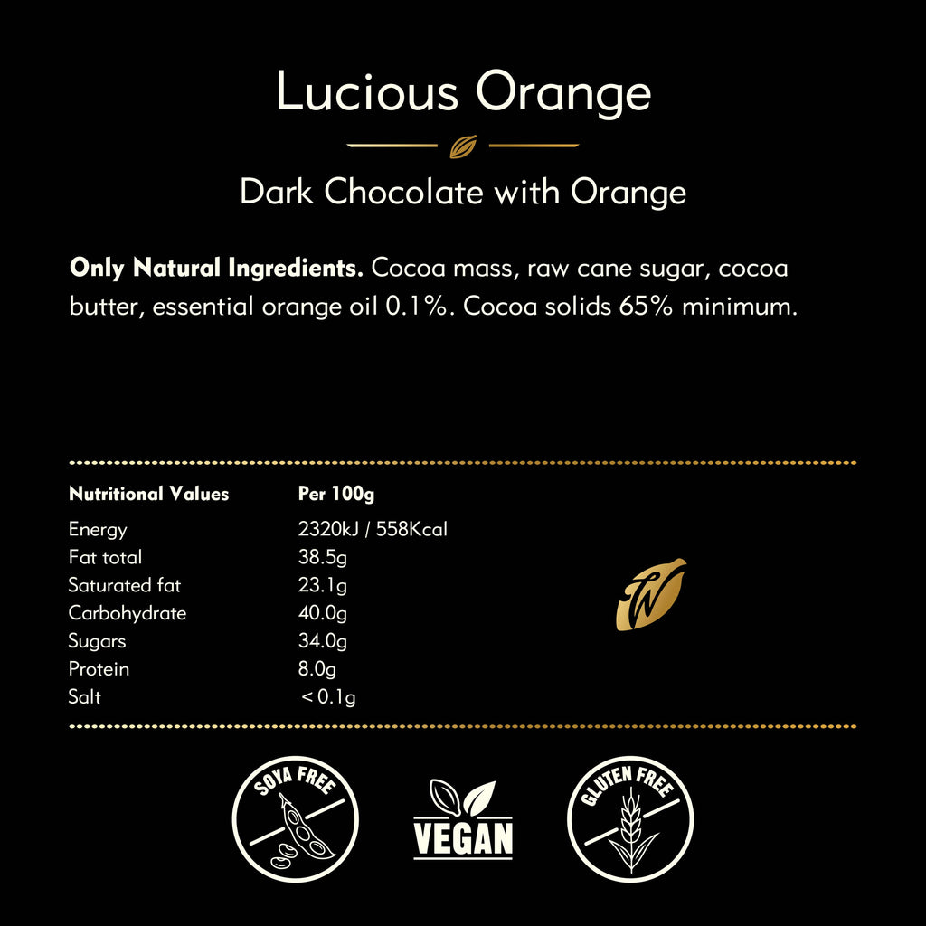 Nutritional information and ingredient list for Lucious Orange dark chocolate with orange on a black background.