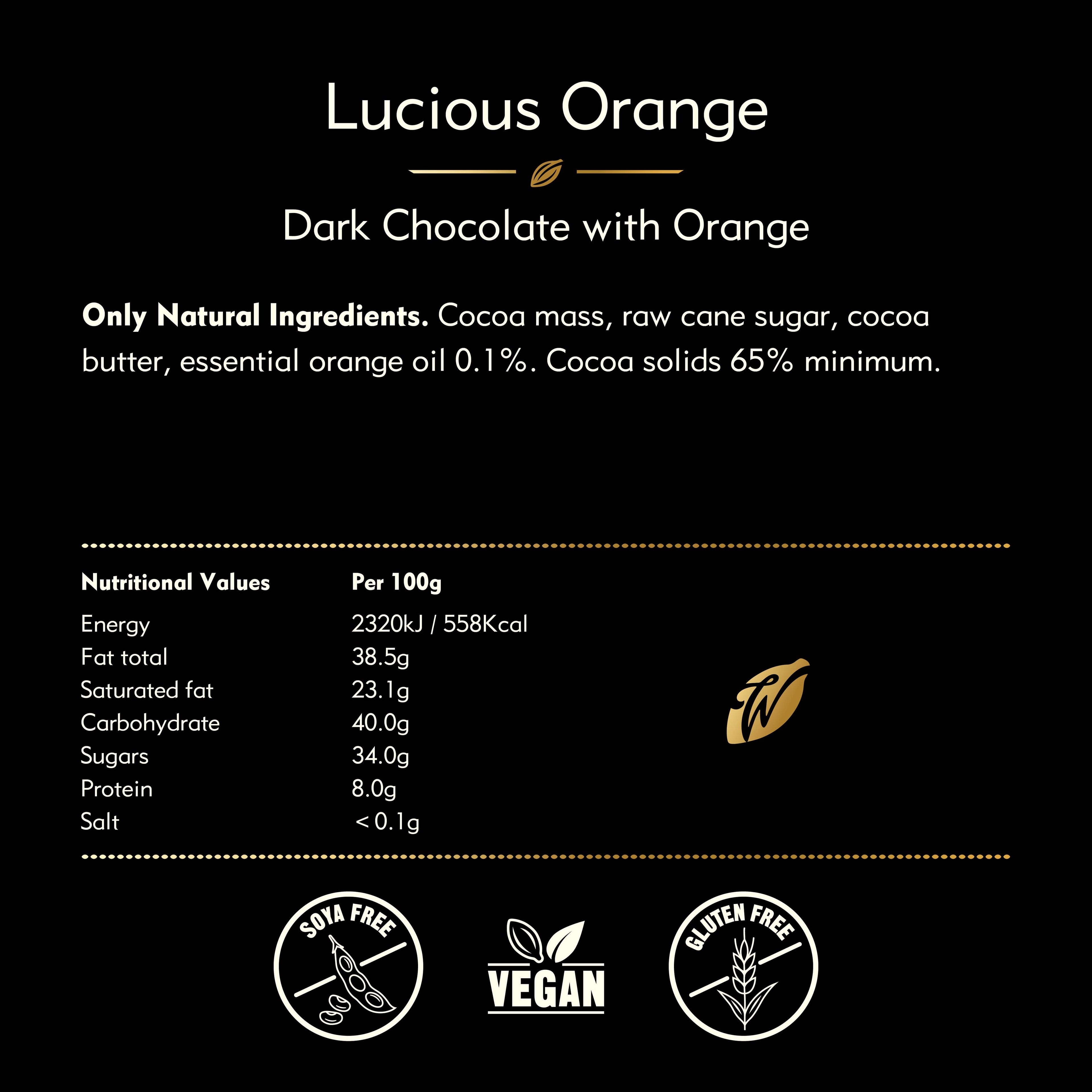 Nutritional information and ingredient list for Lucious Orange dark chocolate with orange on a black background.