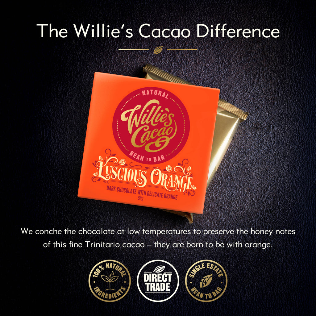 Willie's Cacao Luscious Orange chocolate bar packaging on a dark background