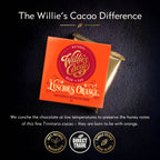 Willie's Cacao Luscious Orange chocolate bar packaging on a dark background