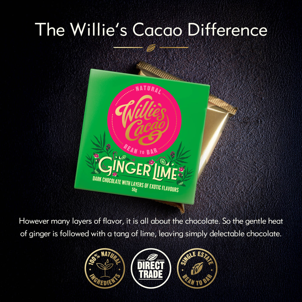 Willie's Cacao Ginger Lime 70% Dark Chocolate green packaging on dark background with direct trade, 100% natural, and single estate bean-to-bar badges