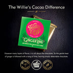 Willie's Cacao Ginger Lime 70% Dark Chocolate green packaging on dark background with direct trade, 100% natural, and single estate bean-to-bar badges