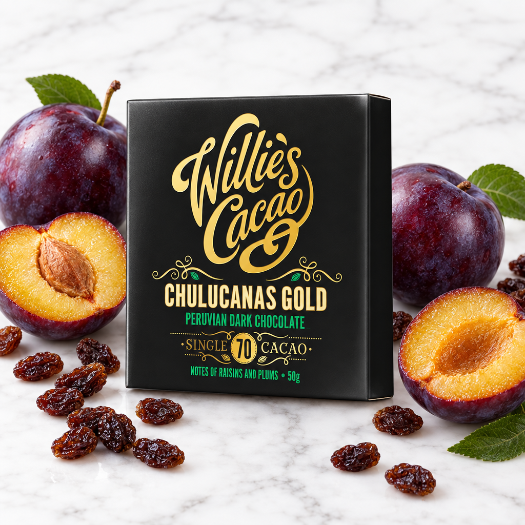 Chulucanas 70% dark chocolate bar on white marble with raisins and plums
