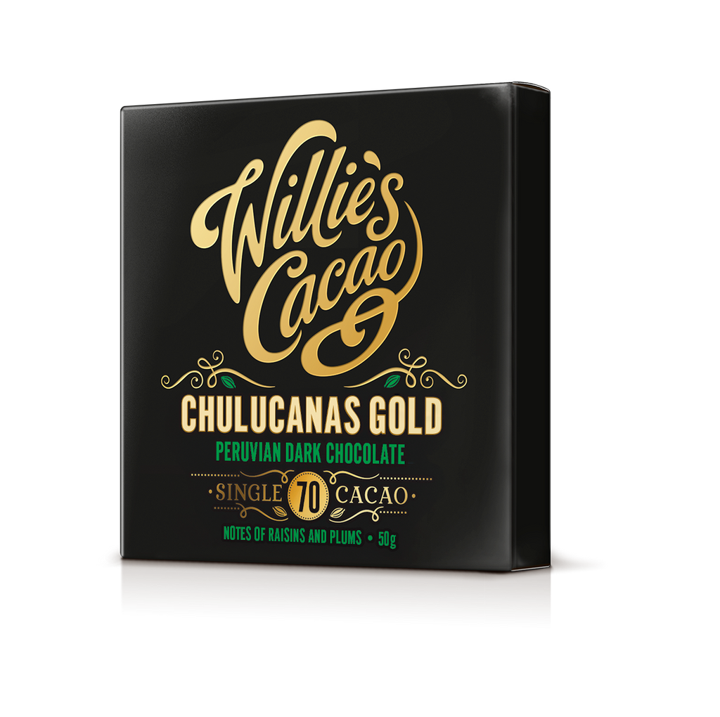 Willie's Cacao Chulucanas Gold Peruvian dark chocolate packaging on a white background