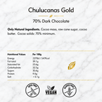 70% Chulucanas Gold Dark Chocolate Bar product information text on white marble background