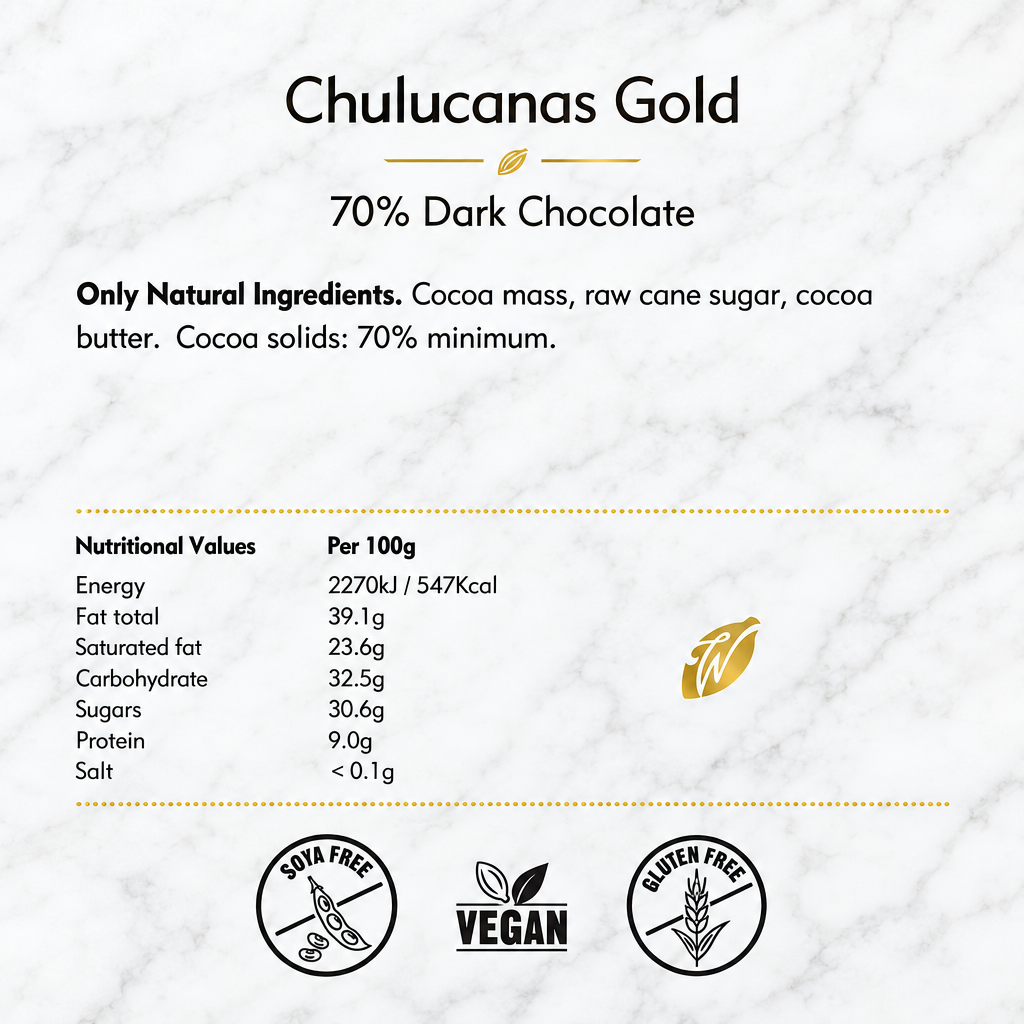 70% Chulucanas Gold Dark Chocolate Bar product information text on white marble background