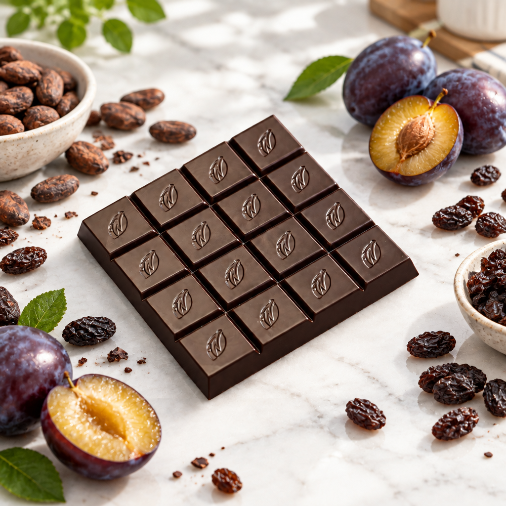 Chulucanas chocolate bar on a white marble kitchen counter with cacao beans, raisins, and plums