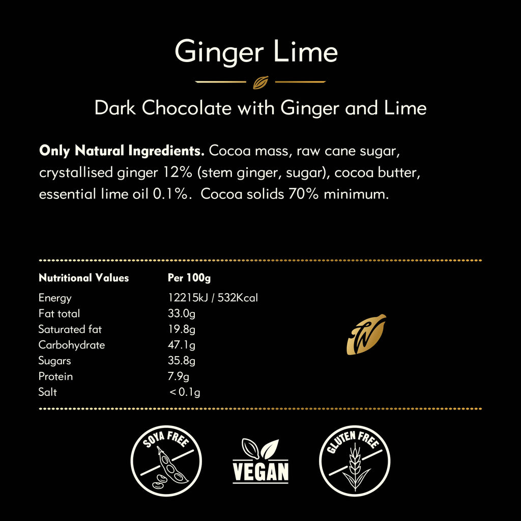 Willie's Cacao Ginger Lime 70% Dark Chocolate nutrition facts and ingredients — cocoa mass, raw cane sugar, crystallized ginger, cocoa butter, essential lime oil, vegan soy-free gluten-free.