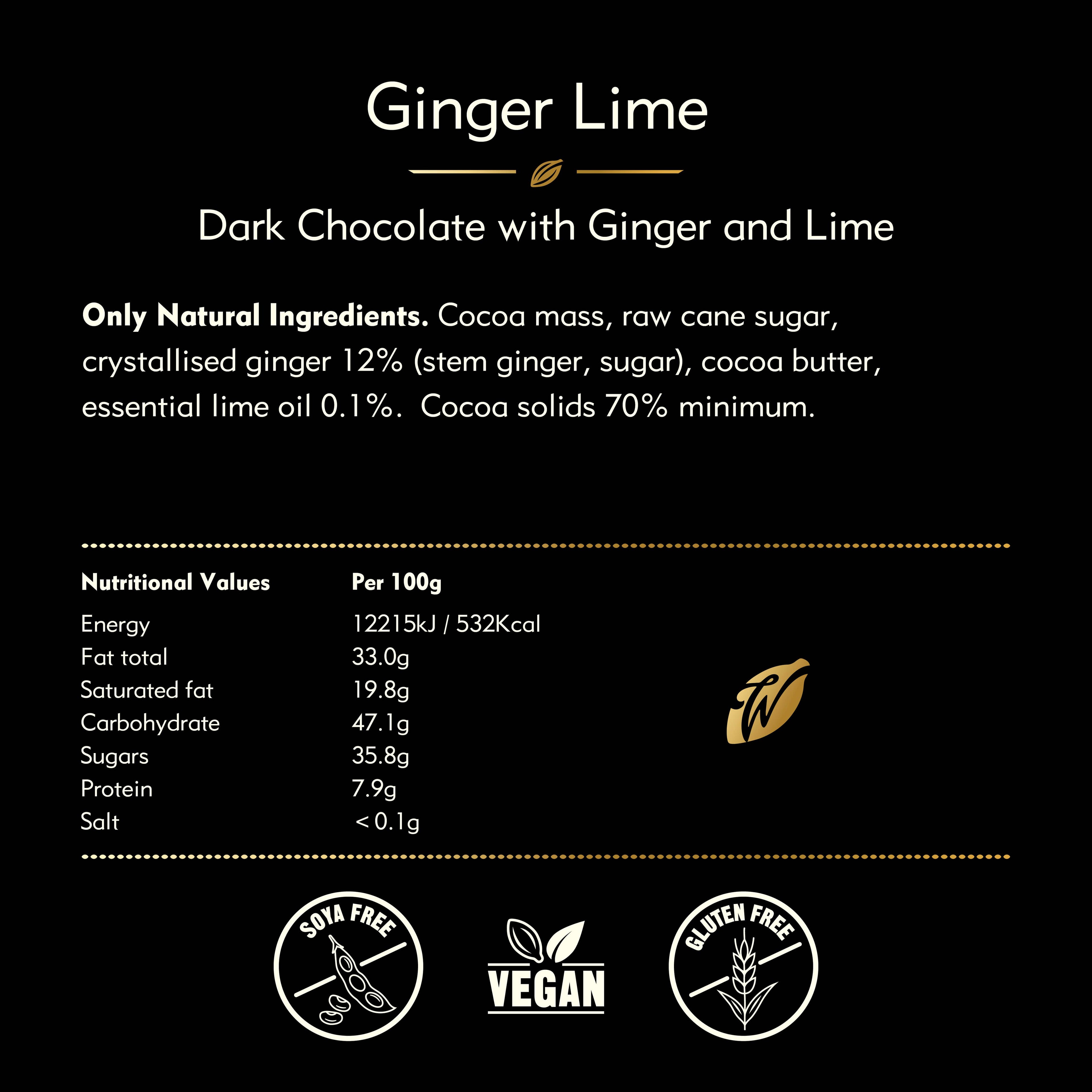 Willie's Cacao Ginger Lime 70% Dark Chocolate nutrition facts and ingredients — cocoa mass, raw cane sugar, crystallized ginger, cocoa butter, essential lime oil, vegan soy-free gluten-free.
