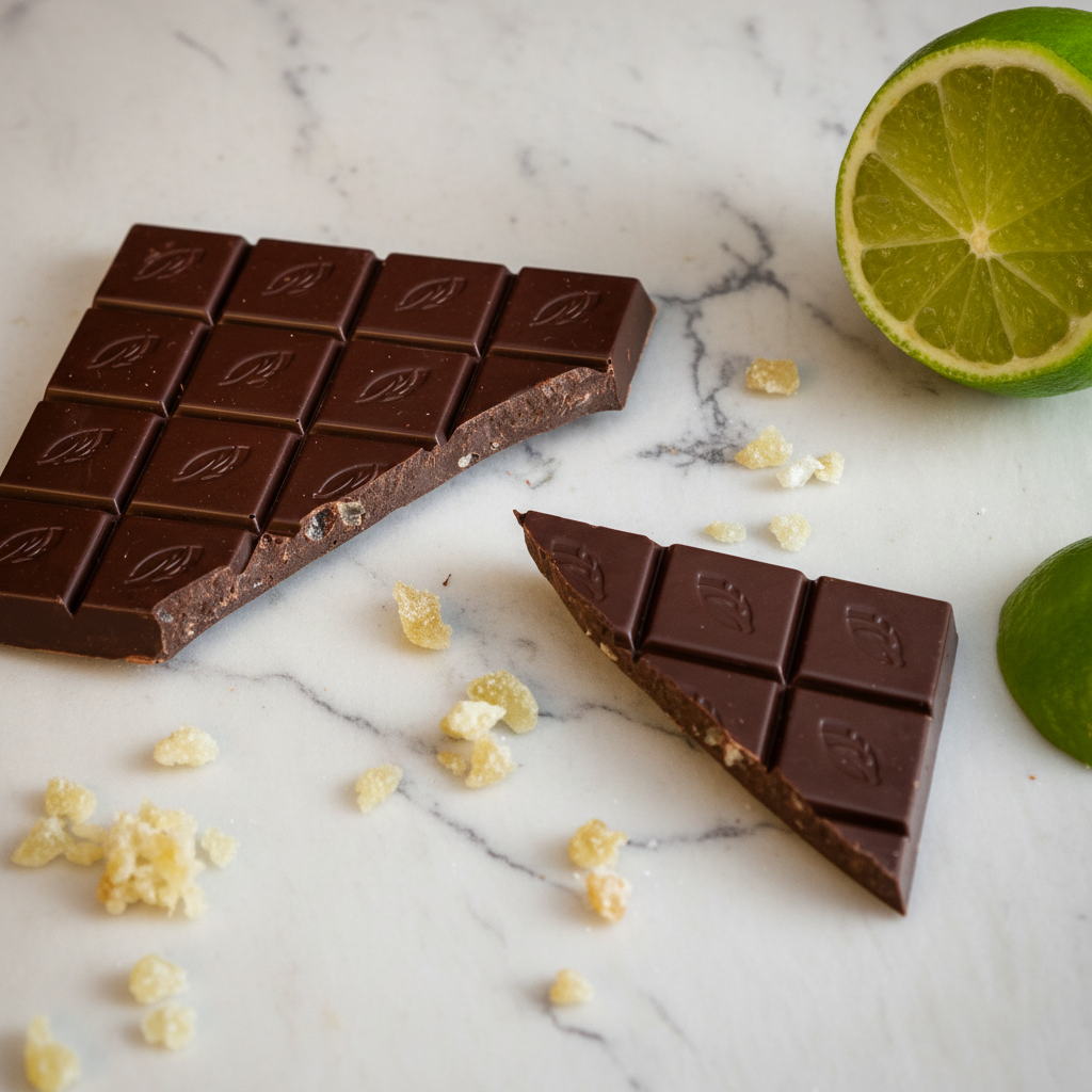 Willie's Cacao Ginger Lime 70% Dark Chocolate bar broken open on white marble surface with crystallized ginger pieces and fresh halved lime, showing embedded ginger inclusions