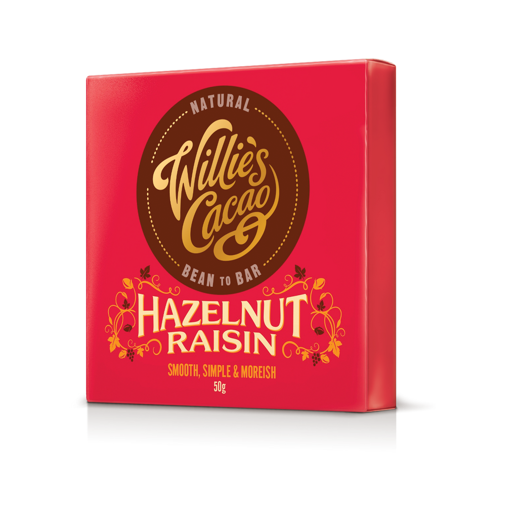 Willie's Cacao 70% Dark Chocolate with Hazelnuts and Raisins packaging on white background, small batch bean-to-bar, 50g