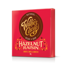 Willie's Cacao 70% Dark Chocolate with Hazelnuts and Raisins packaging on white background, small batch bean-to-bar, 50g