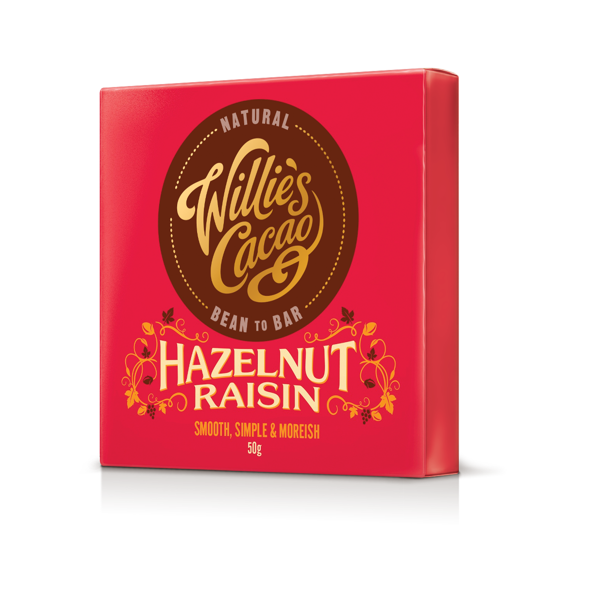 Willie's Cacao 70% Dark Chocolate with Hazelnuts and Raisins packaging on white background, small batch bean-to-bar, 50g