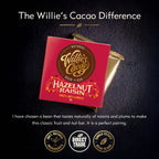 Willie's Cacao hazelnut raisin packaging on a dark background with brand logos.