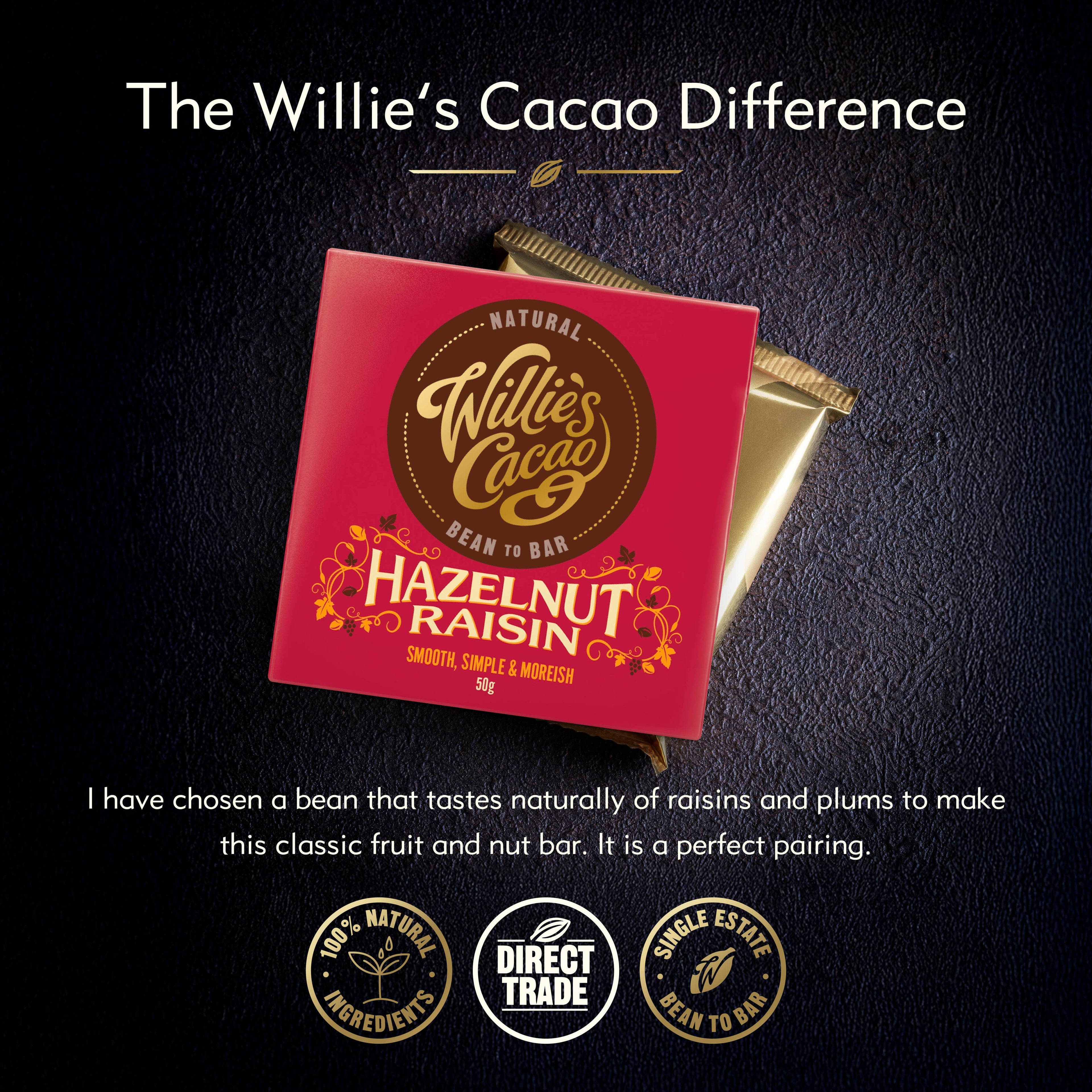Willie's Cacao hazelnut raisin packaging on a dark background with brand logos.