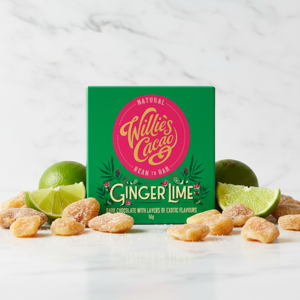 Willie's Cacao 70% Ginger Lime Dark Chocolate bar in green packaging on white marble, styled with candied ginger pieces and lime slices