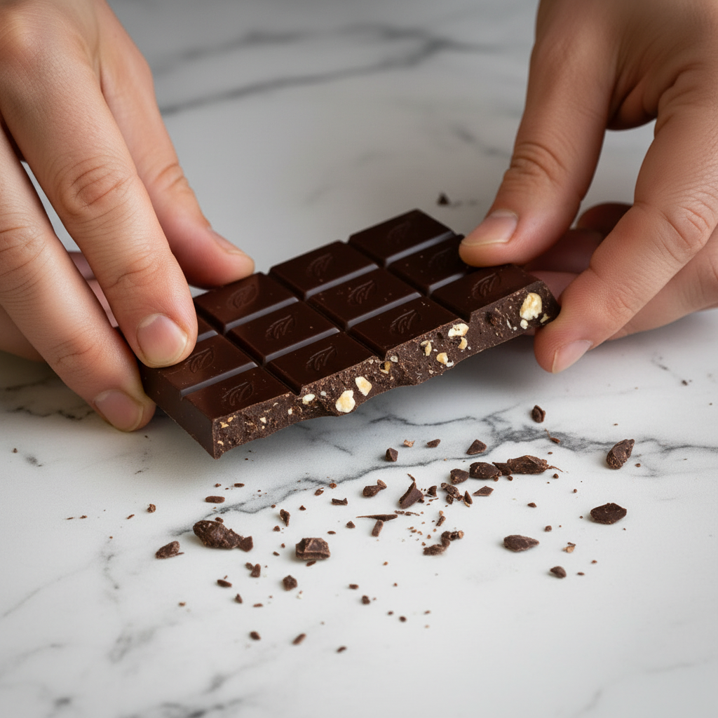 Willie's Cacao 70% Dark Chocolate Hazelnuts and Raisins bar broken open showing hazelnut and raisin inclusions on grey slate surface