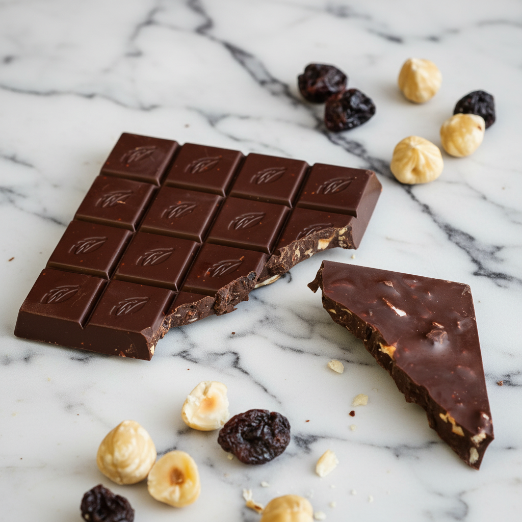 Willie's Cacao 70% Dark Chocolate Hazelnuts and Raisins broken bar with hazelnuts and raisins scattered on marble background