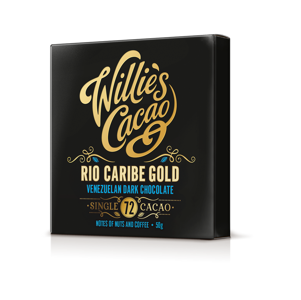 Willie's Cacao Rio Caribe Gold Venezuelan Dark Chocolate packaging on a white background