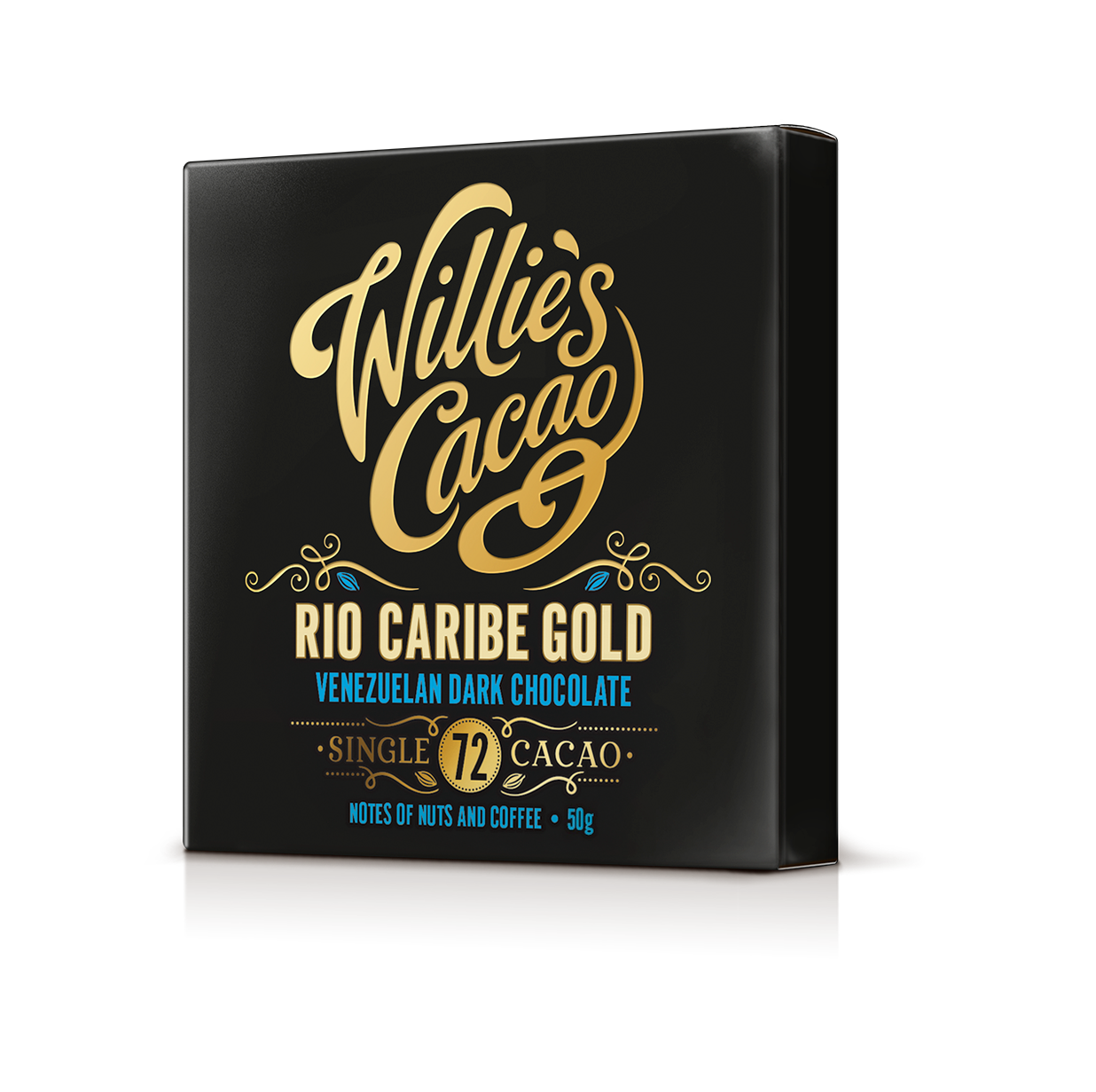 Willie's Cacao Rio Caribe Gold Venezuelan Dark Chocolate packaging on a white background